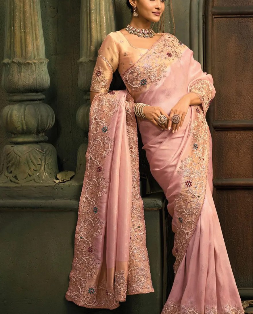 PINK - Rose Pink Handwork Pure Silk Designer Saree